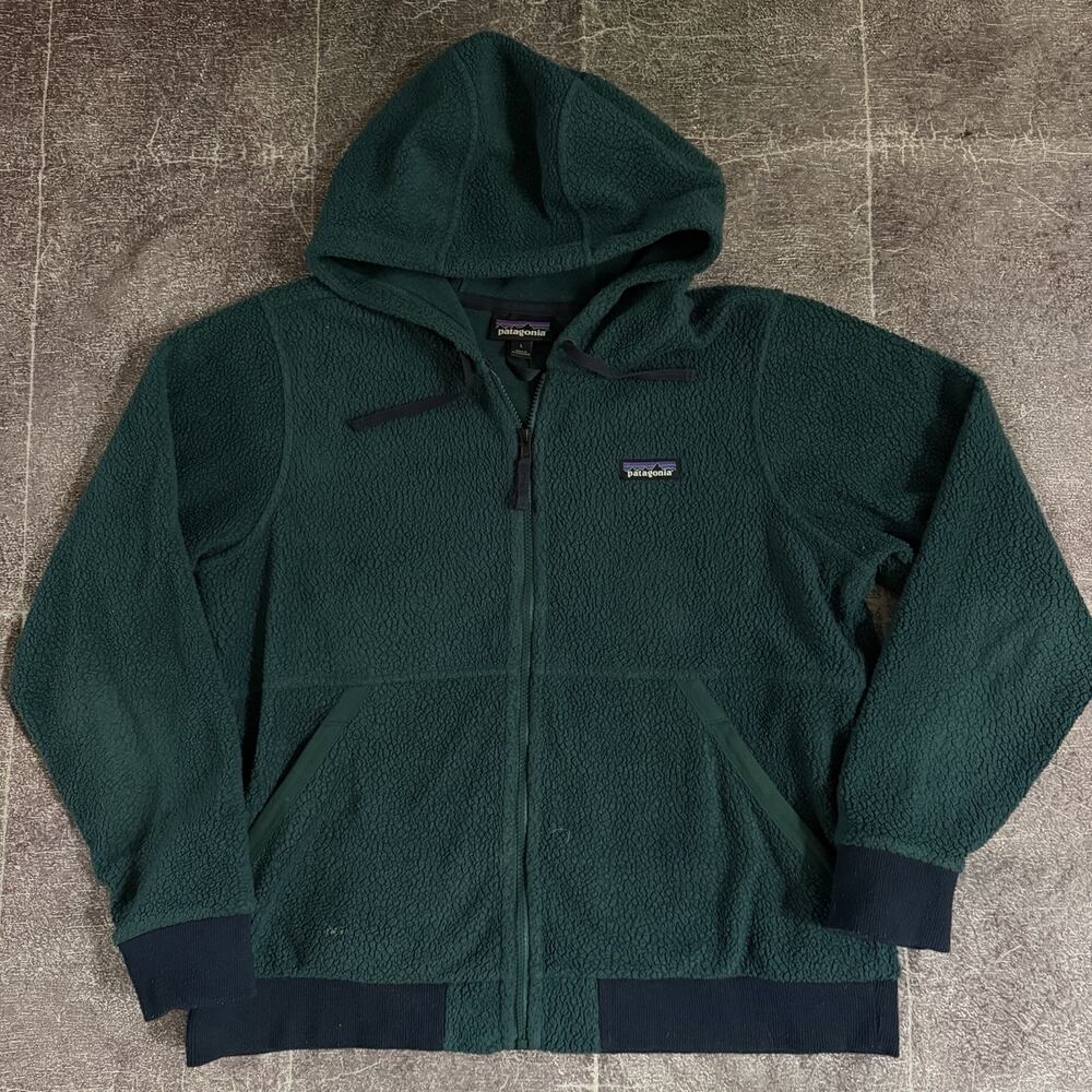 Women's Patagonia Dark Borealis Forest Green Shearling Hoody Bomber Jacket Sz L